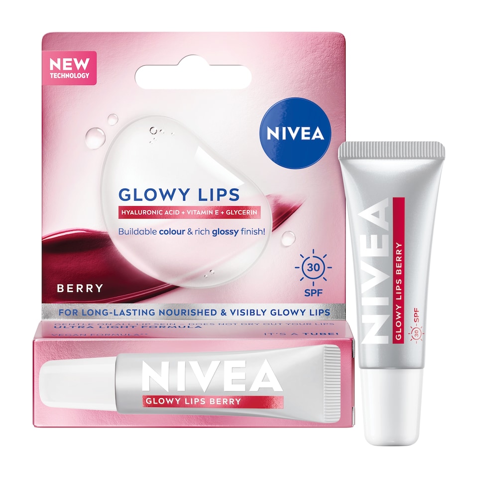 image 1 of NIVEA Glowy Lip Balm Tube Berry SPF30 with Hyaluronic Acid 10ml