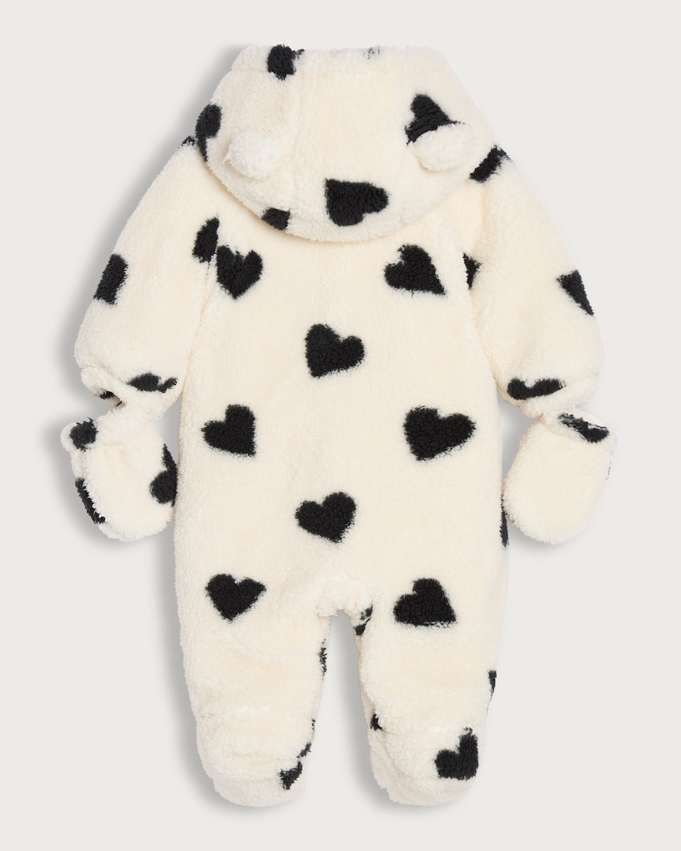 image 1 of F&F Baby Fleece Heart Print Pramsuit in Cream