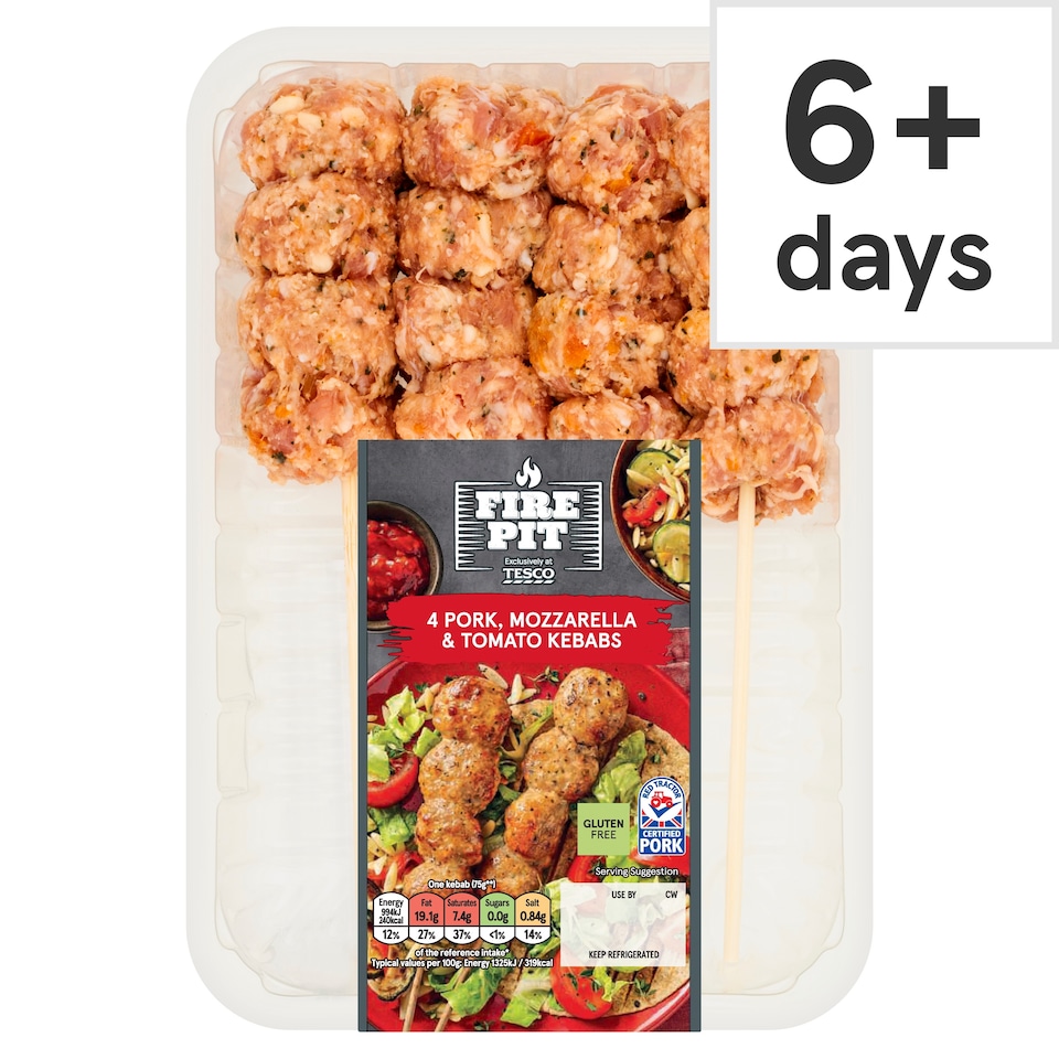 Tesco Fire Pit 4 Pork, Mozzarella & Tomato Kebabs 400G