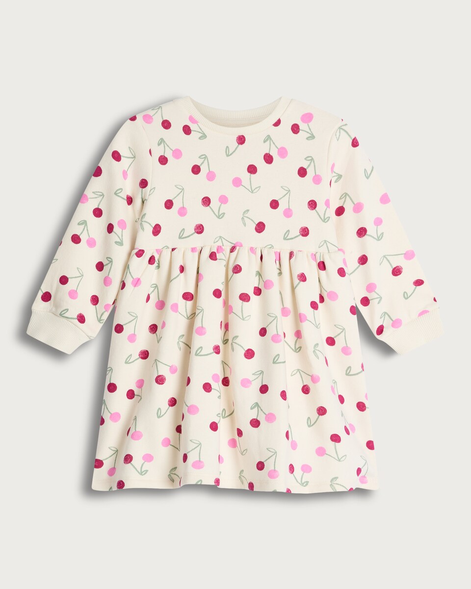 F&F Girls Cotton Rich Cherry Print Long Sleeved Sweater Dress in Cream
