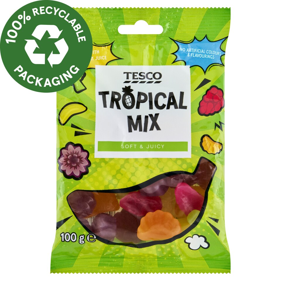 Tesco Tropical Mix trópusigyümölcs-ízű gumicukor 100 g