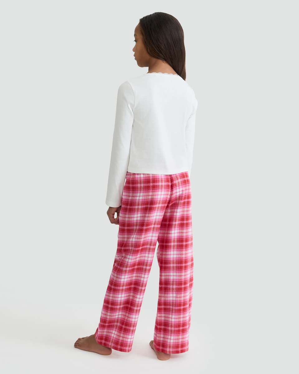 image 1 of F&F Girls Cotton Rich Lace Trim Top and Check Trousers Pyjamas in Cream Multi