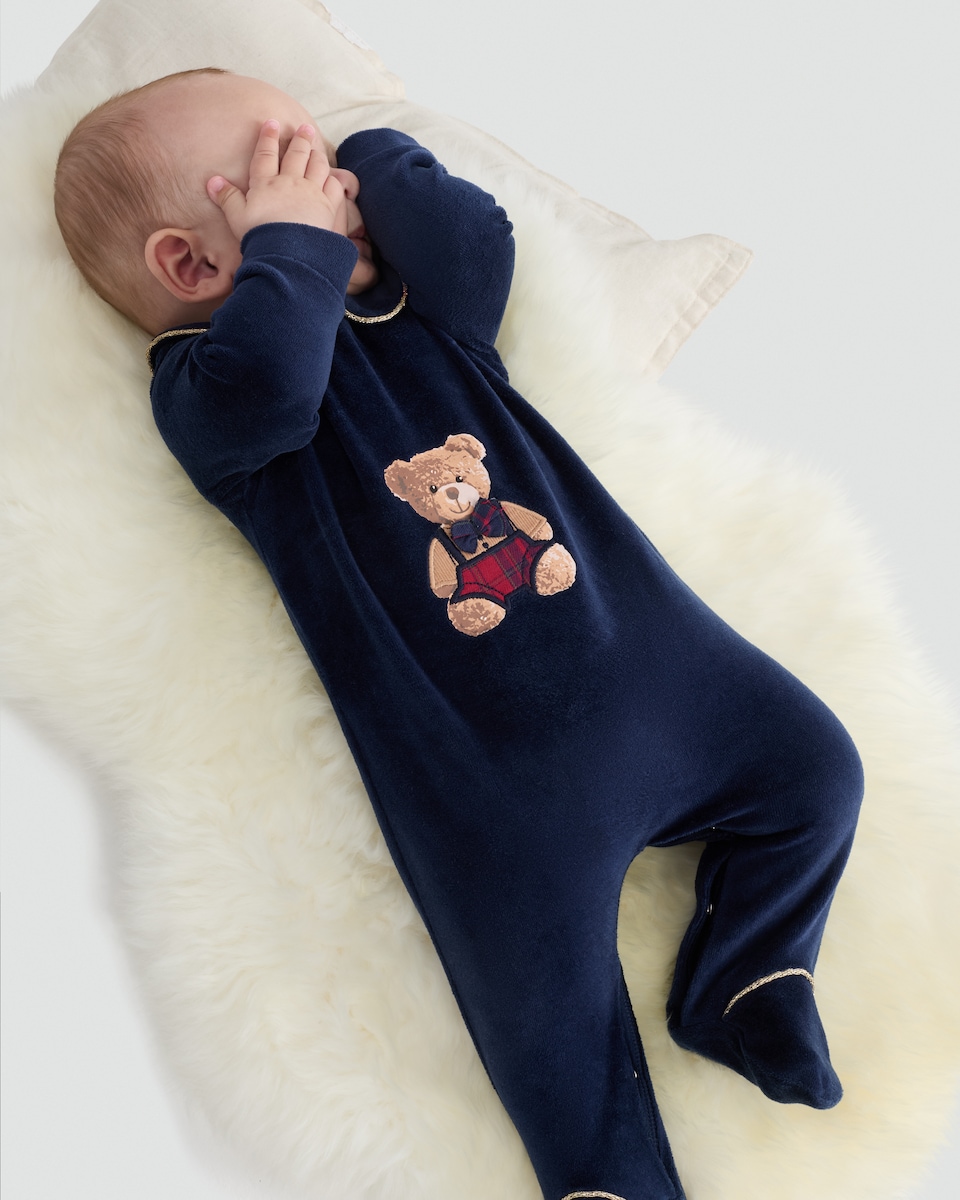 image 1 of F&F Baby Cotton Rich Velour Teddy Bear Sleepsuit in Navy