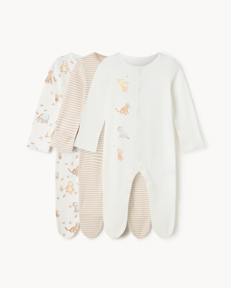 image 1 of Disney Winnie The Pooh 3-Pack Pure Cotton Sleepsuits in White