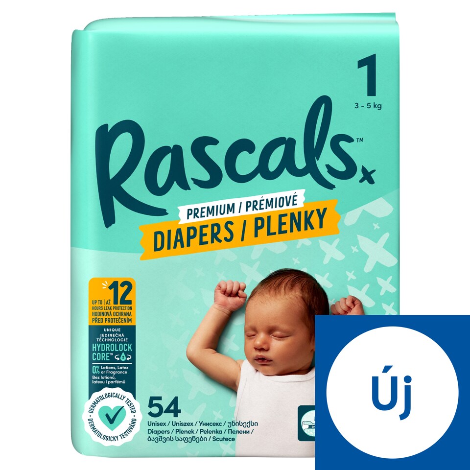 Rascals Premium Unisex pelenka, méret: 1, 3-5 kg, 54 db  1. kép