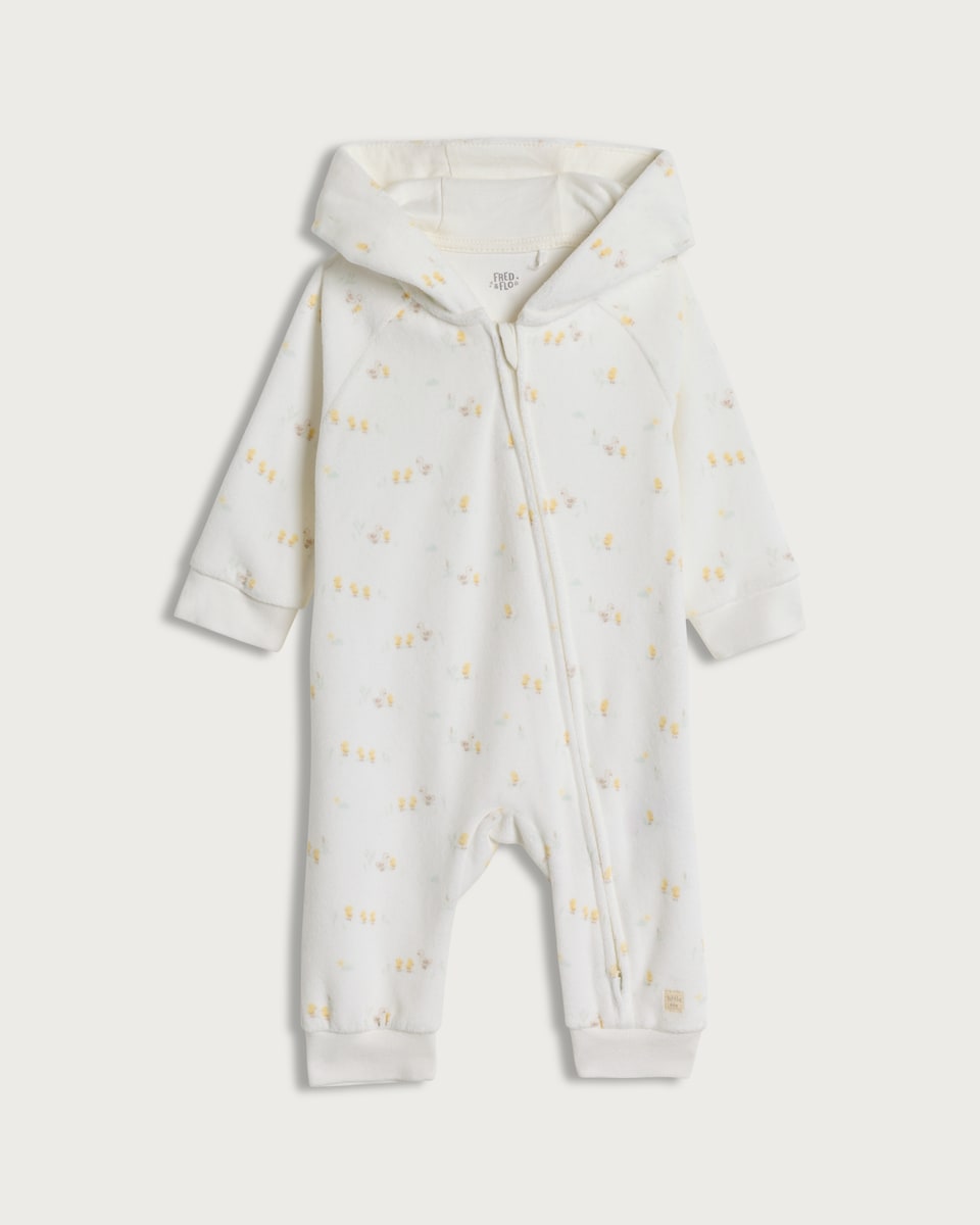 image 1 of F&F Baby Cotton Rich Duck Print Hooded All-in-one in White