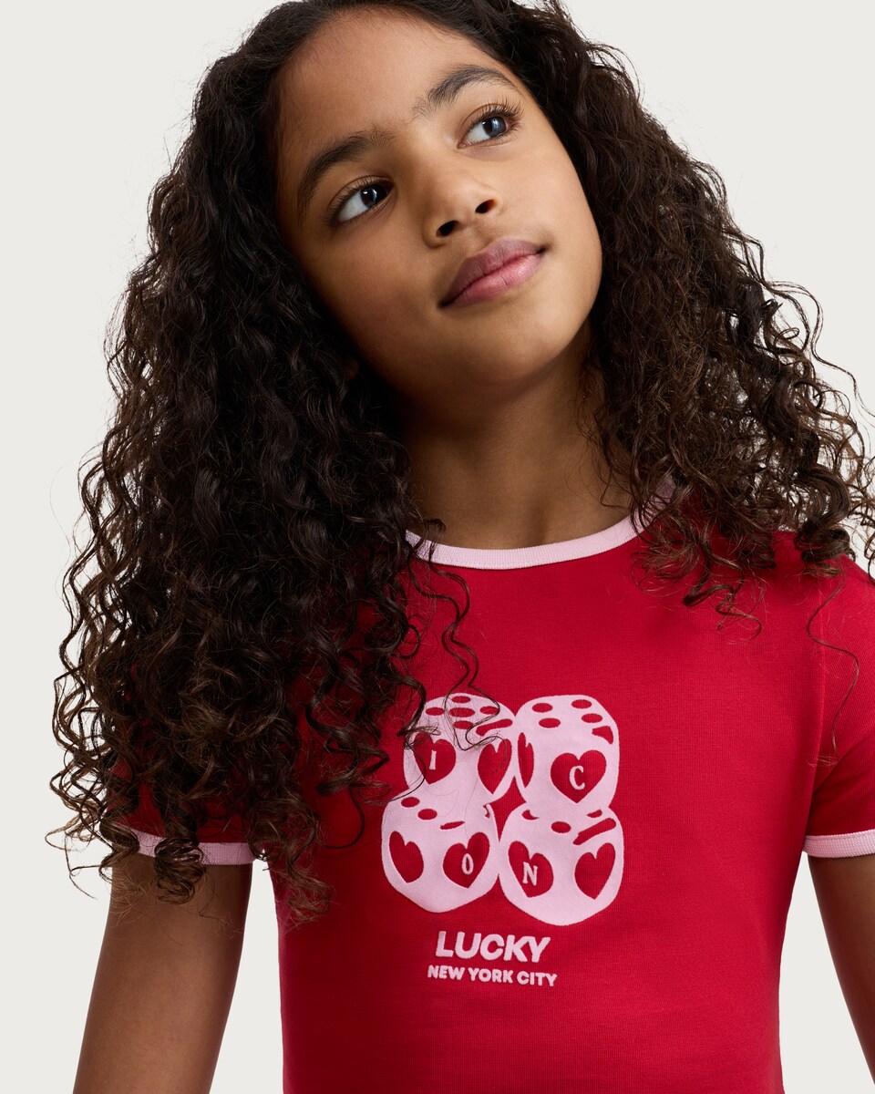 image 1 of F&F Girls Cotton Rich Lucky Dice Print T-Shirt in Red