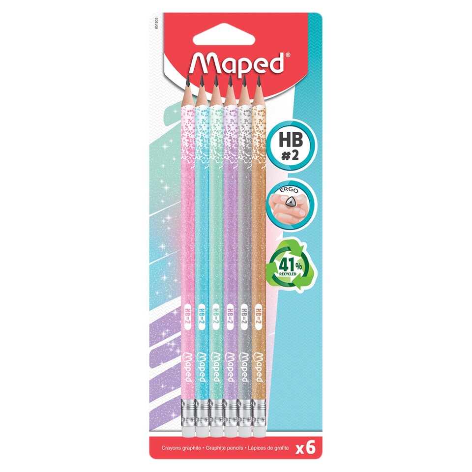 Maped Black'Peps Glitter Deco HB, háromszögletű grafitceruza radírral vegyes pasztell színek