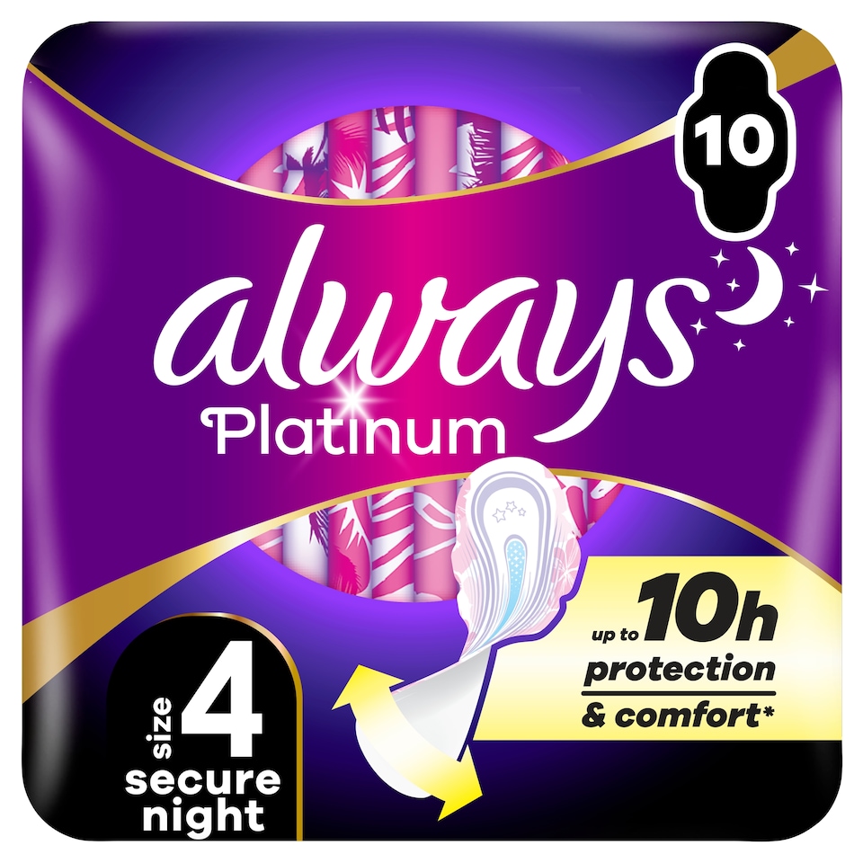image 1 of Always Platinum Secure Night (Size 4) Sanitary Towels With Wings 10 Pads