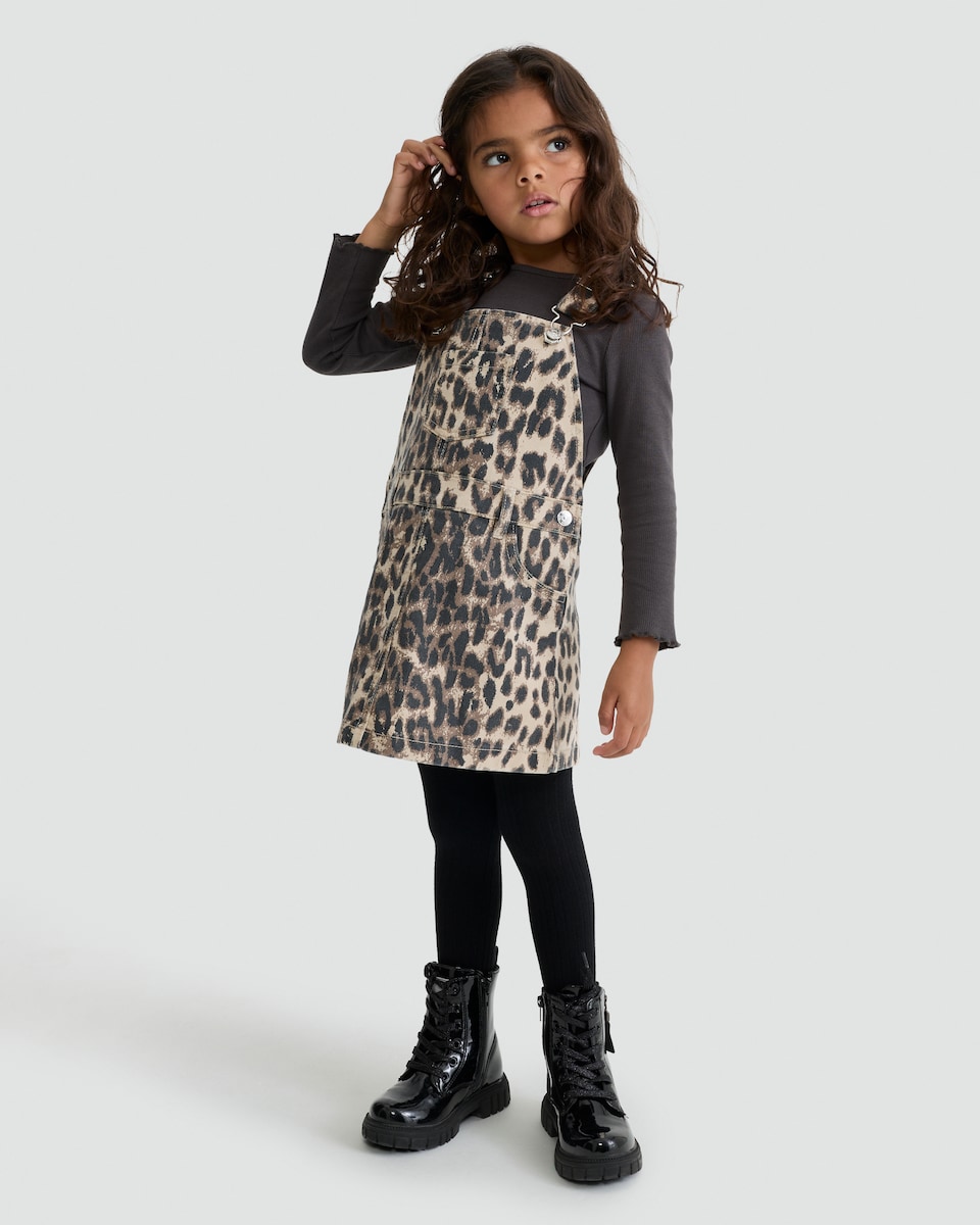 image 1 of F&F Girls 2-Piece Leopard Print Pinafore and Long Sleeved Top Set in Multi Brown