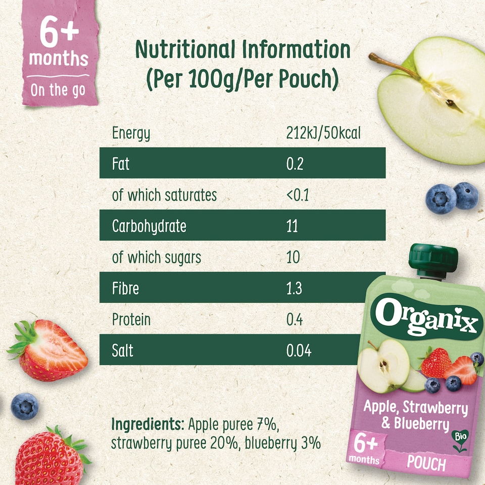 image 1 of Organix Apple, Strawberry & Blueberry Pouch 100g