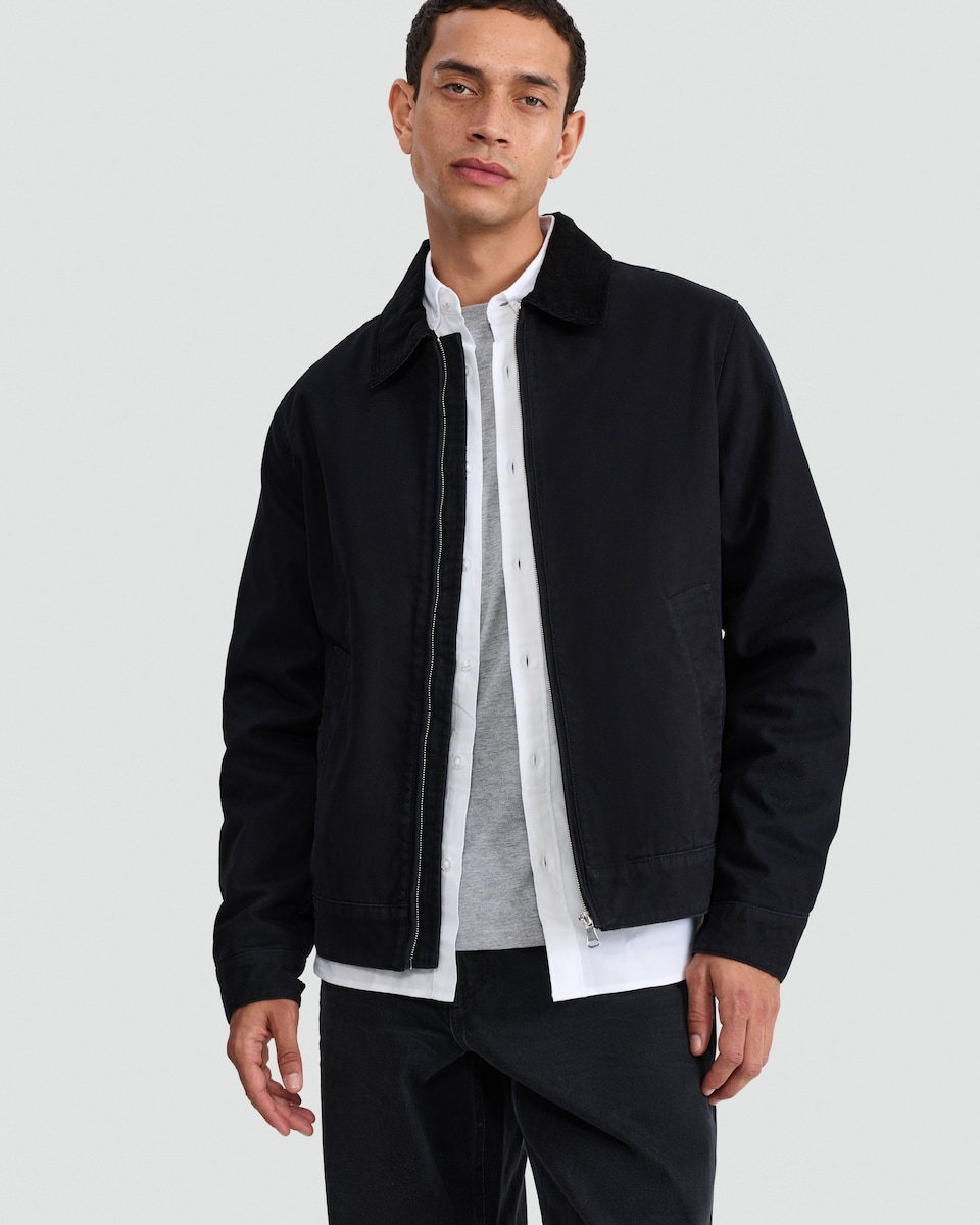 image 1 of F&F Pure Cotton Corduroy Collar Zip Front Jacket in Black
