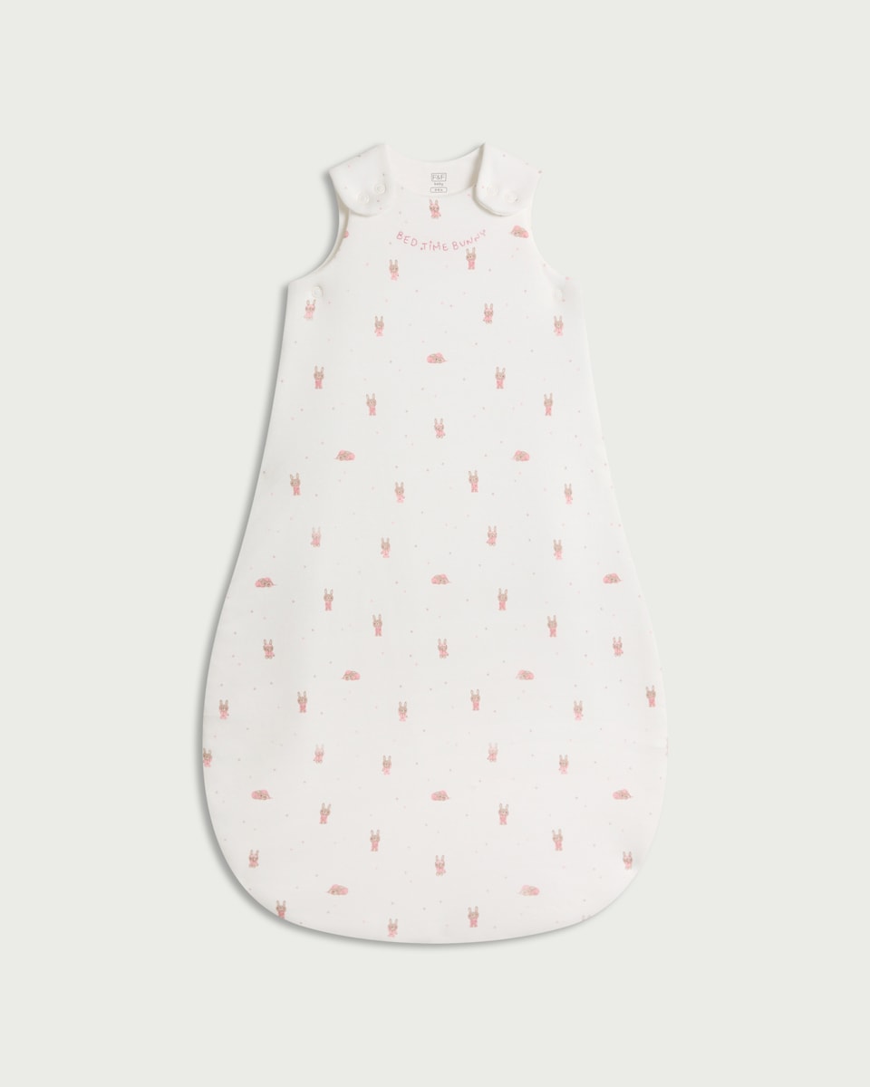 image 1 of F&F Baby Pure Cotton Bunny Print 2.5 Tog Sleeping Bag in White