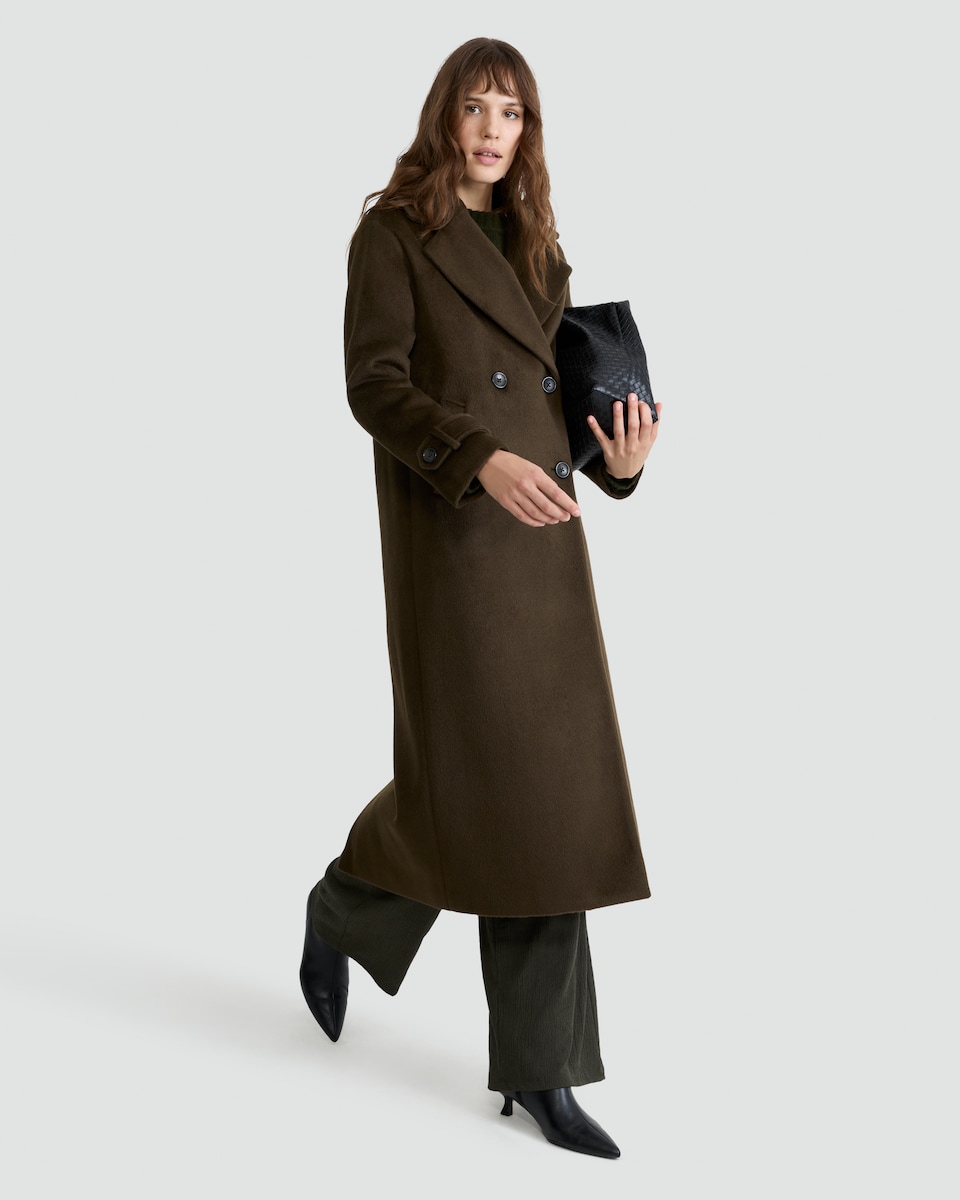 image 1 of F&F Double Breasted Long Coat with Wool in Khaki