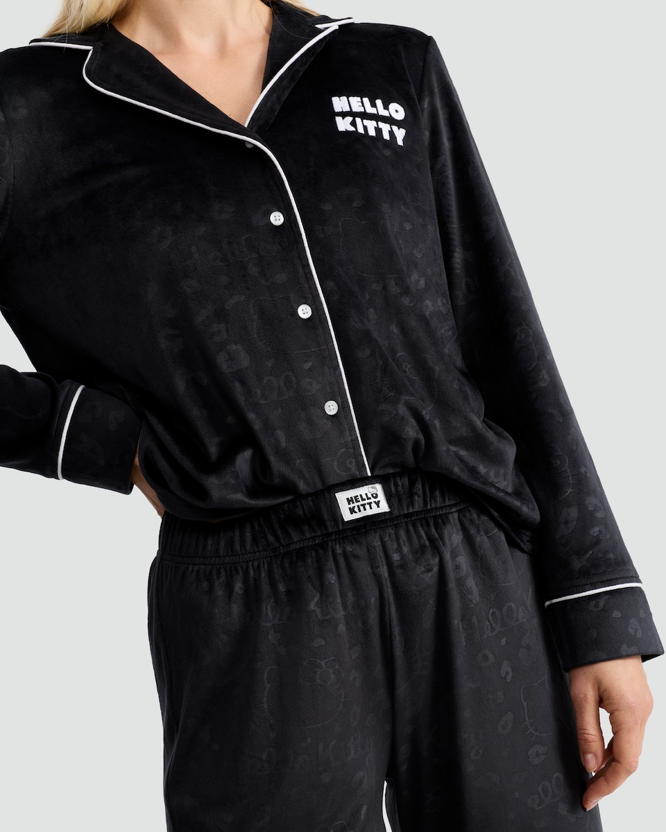 image 1 of Hello Kitty Fleece Printed Revere Pyjama Set in Black