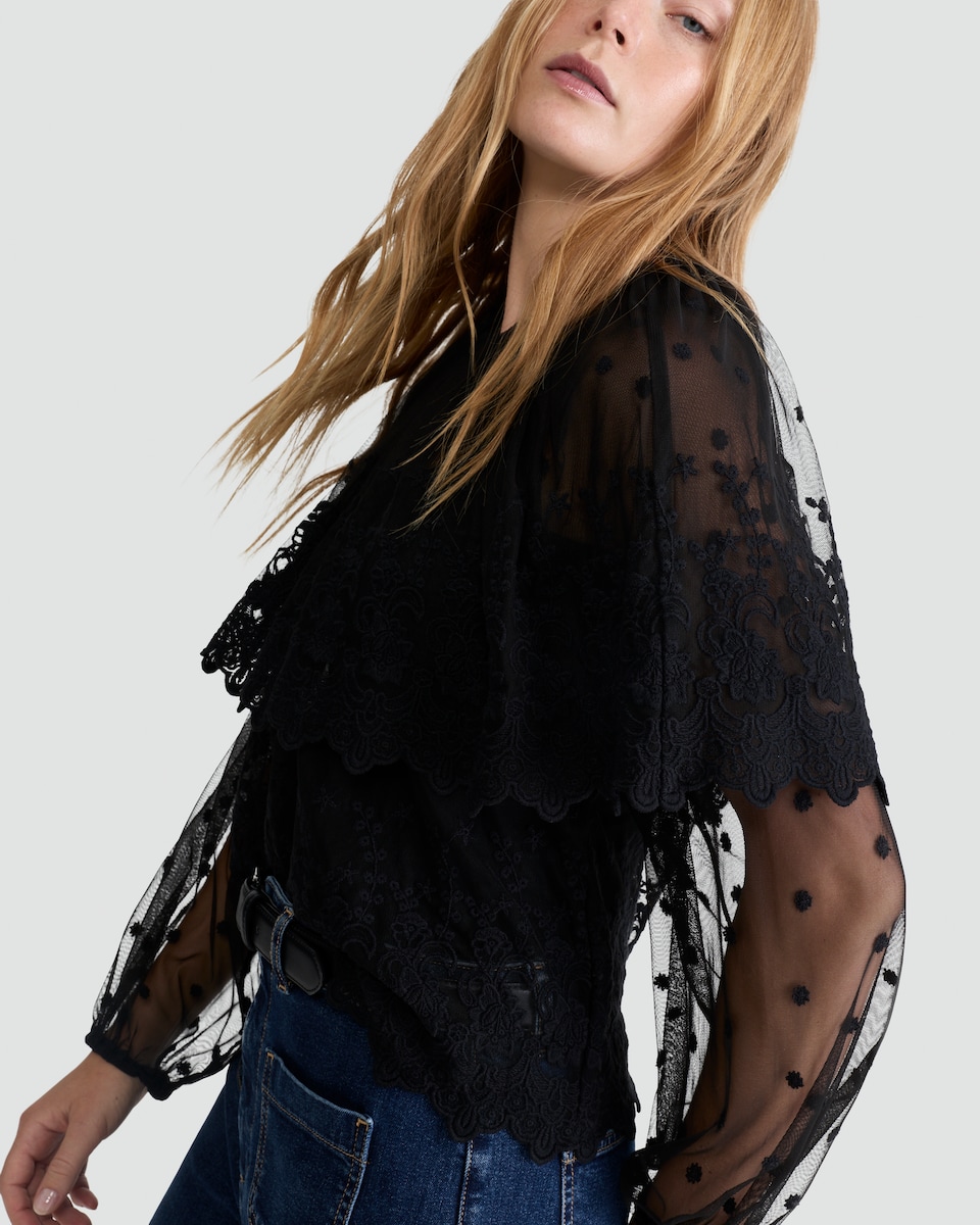 image 1 of The F&F Edit Embroidered Sheer Long Sleeved Blouse in Black