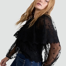 The F&F Edit Embroidered Sheer Long Sleeved Blouse in Black