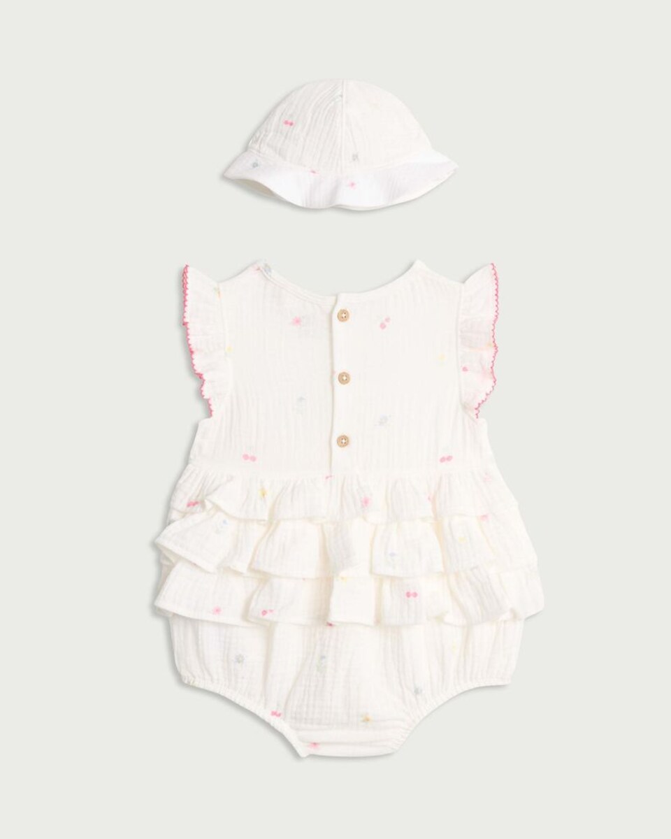 image 1 of F&F Baby 2-Piece Pure Cotton Textured Romper and Hat Set in White