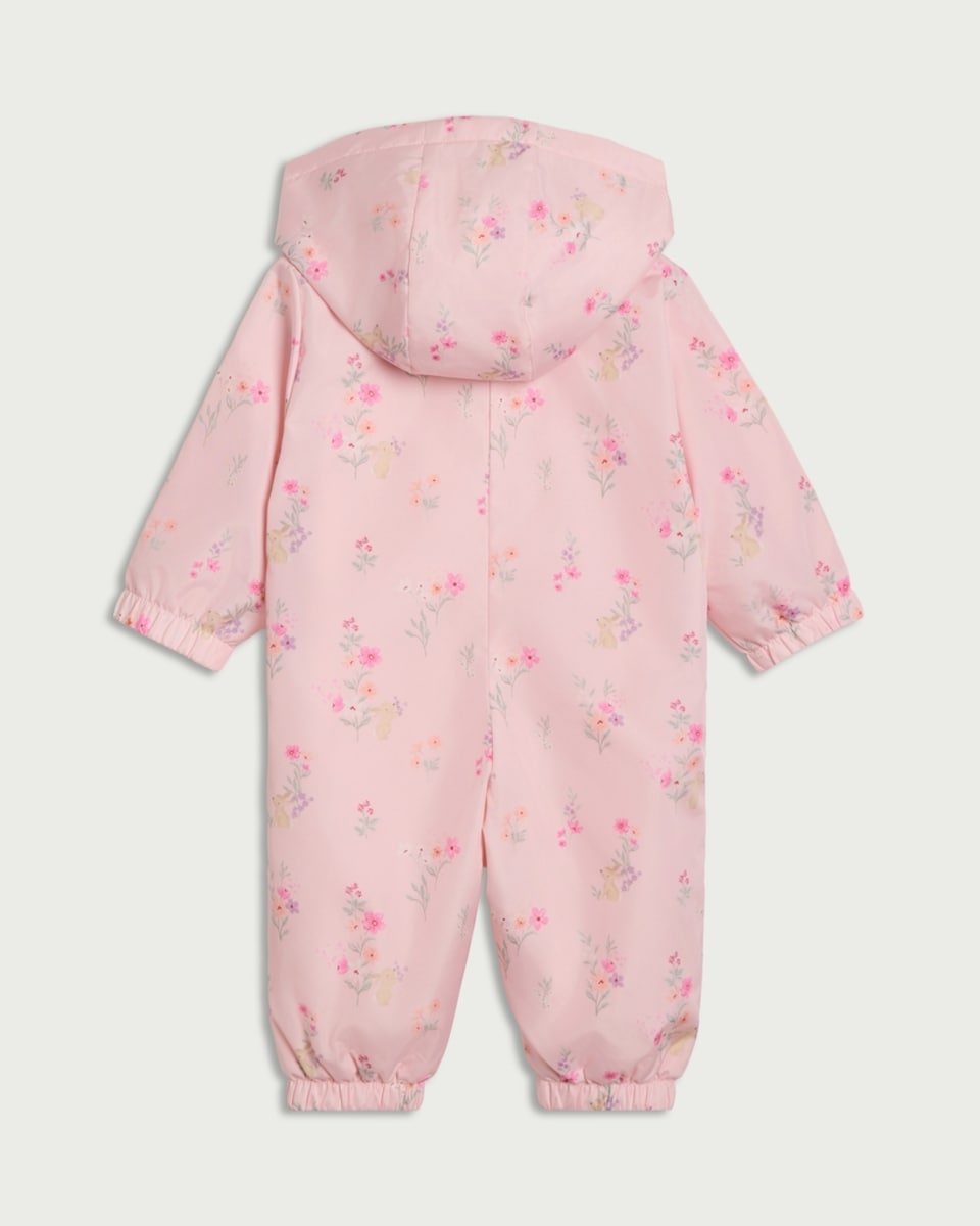 image 1 of F&F Baby Floral Print Shower Resistant Puddlesuit in Pink
