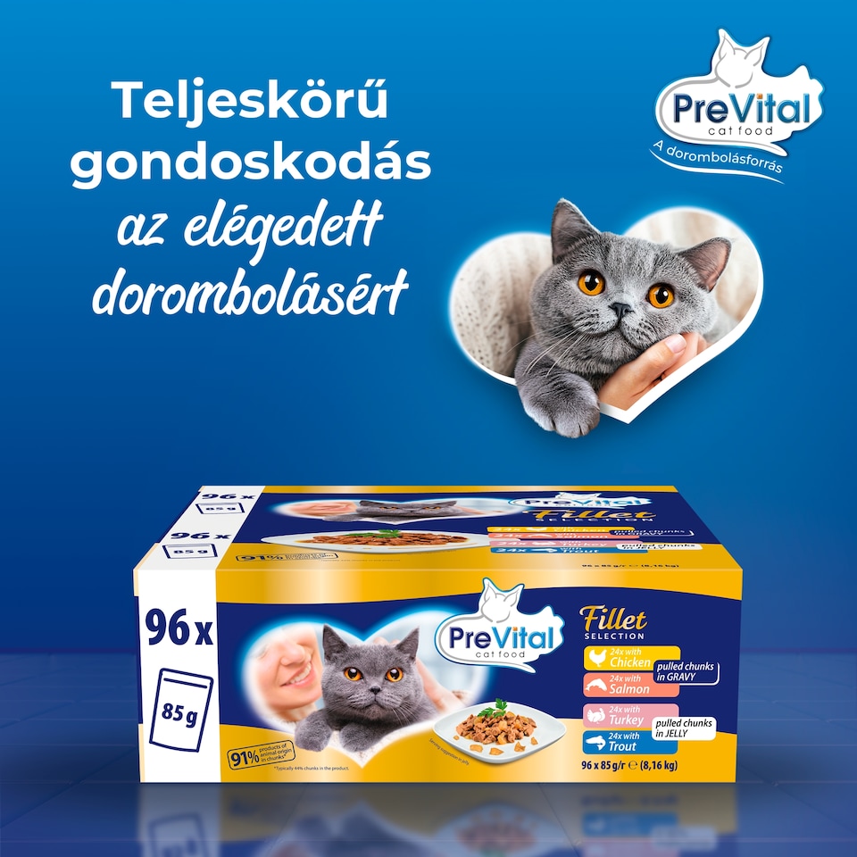 PreVital Fillet Selection nedves macskaeledel, macskatáp felnőtt macskáknak alutasakos 96 x 85 g  1. kép