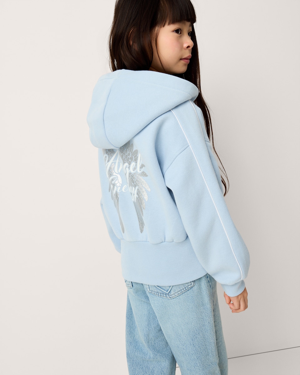 image 1 of F&F Girls Cotton Rich Angel Zip Up Hoodie in Blue