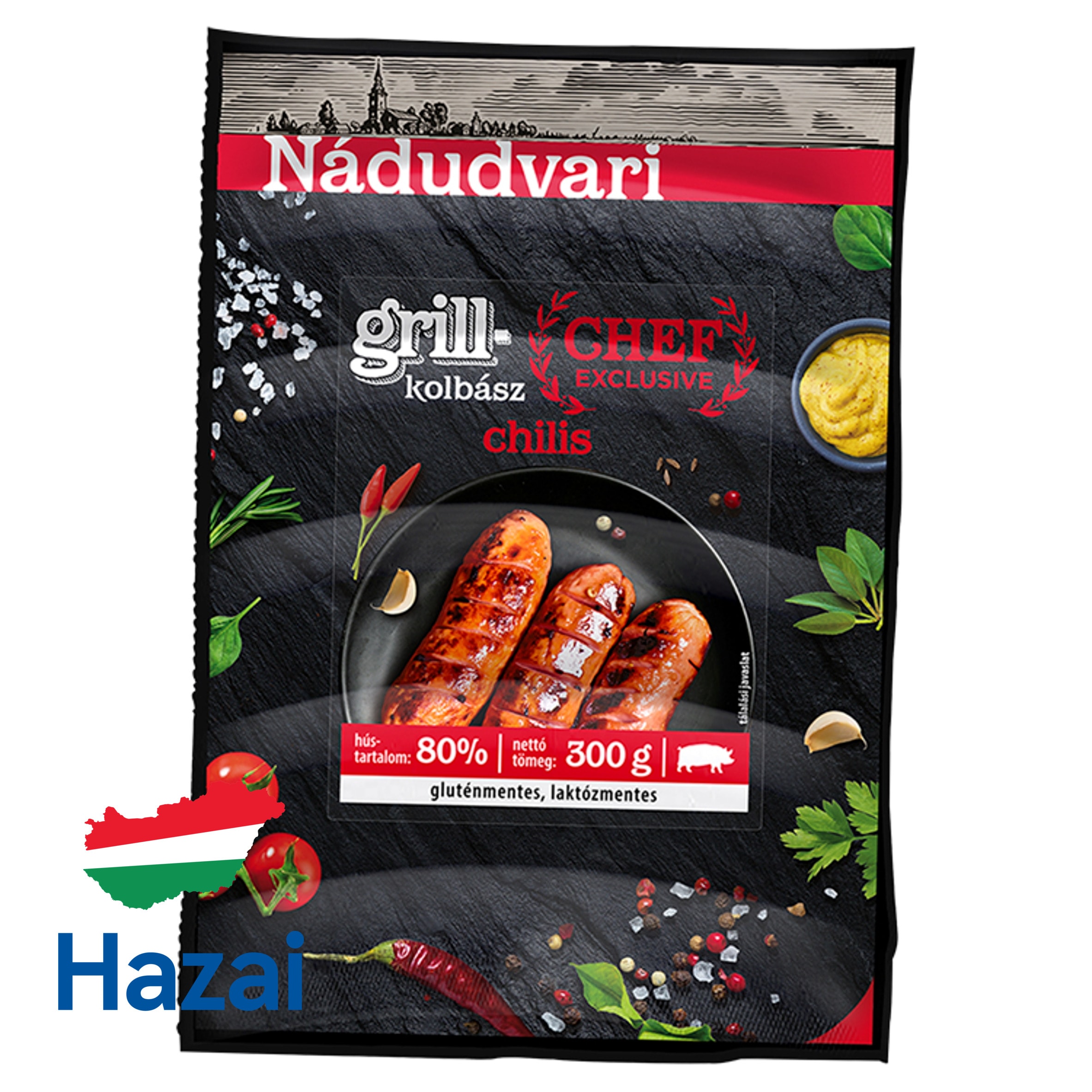 Hungary product data sample: Nádudvari Chef Exclusive chilis sertés grillkolbász 300 g