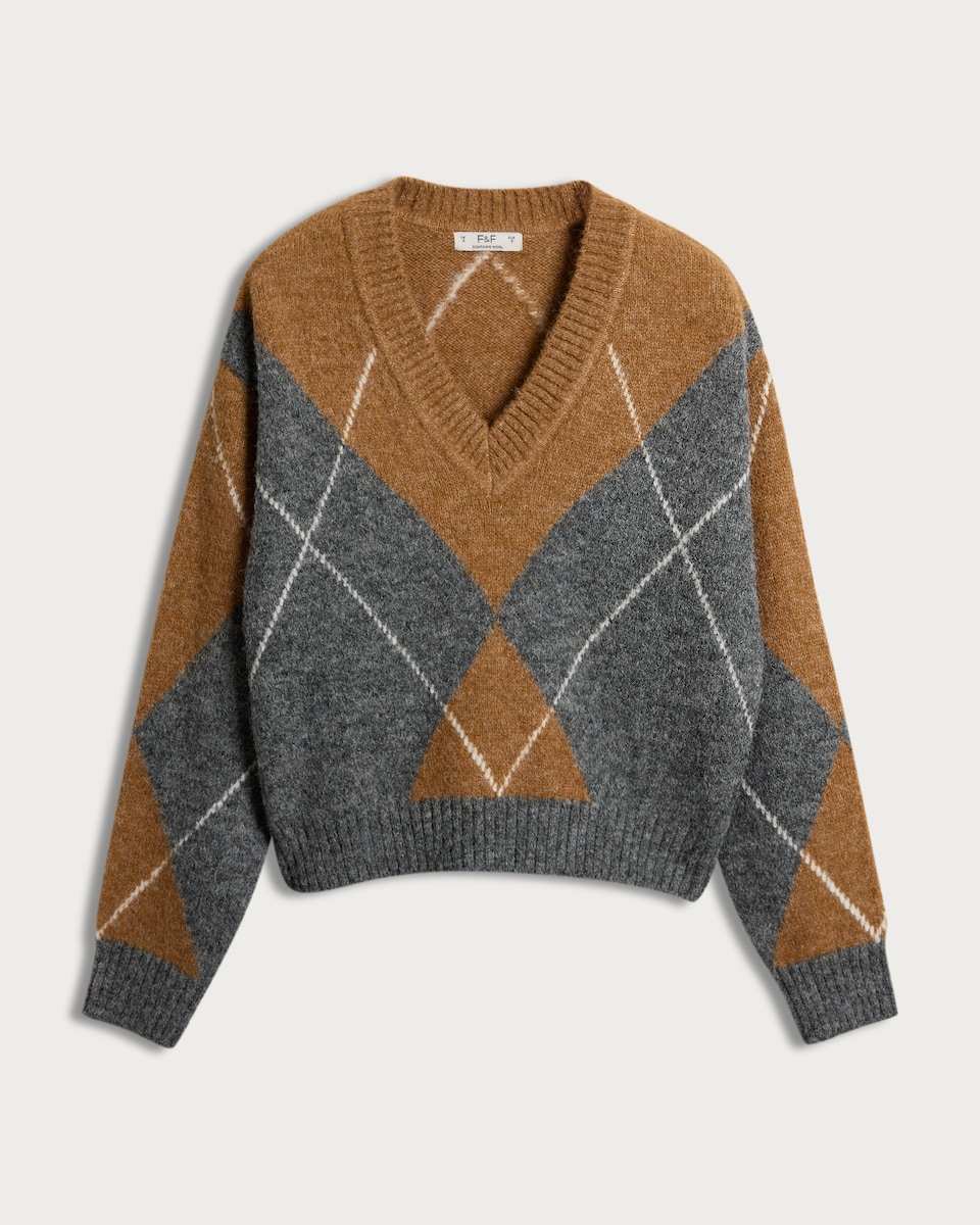 image 1 of F&F Argyle V Neck Jumper with Wool in Grey