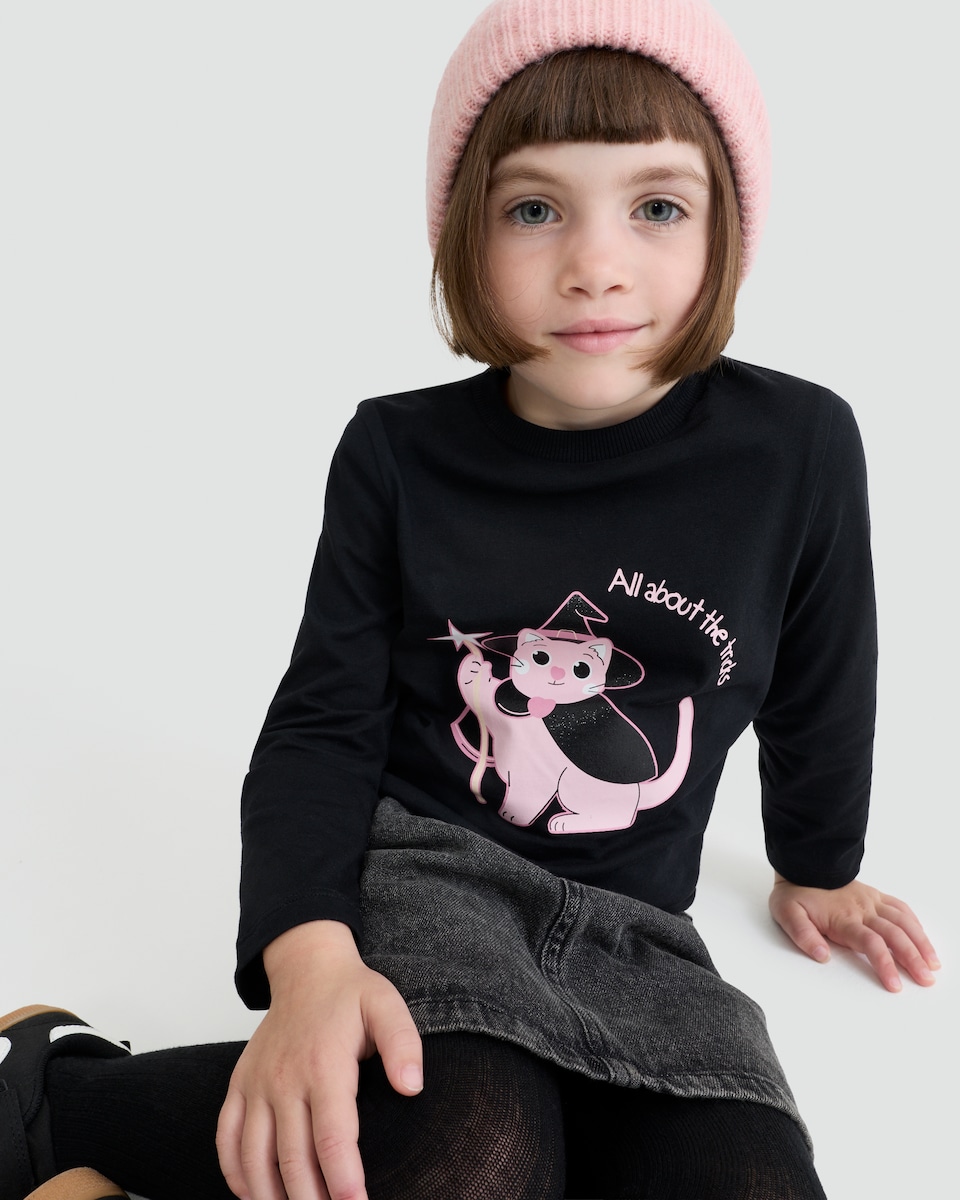 image 1 of F&F Girls Pure Cotton All About the Tricks Slogan Top in Black
