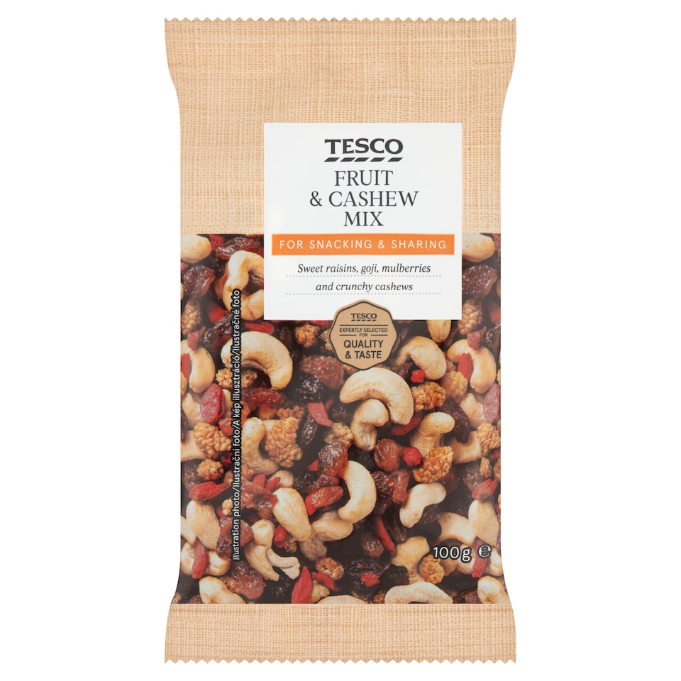Tesco kesudió, mazsola, goji bogyó és fehér faeper keveréke 100 g 