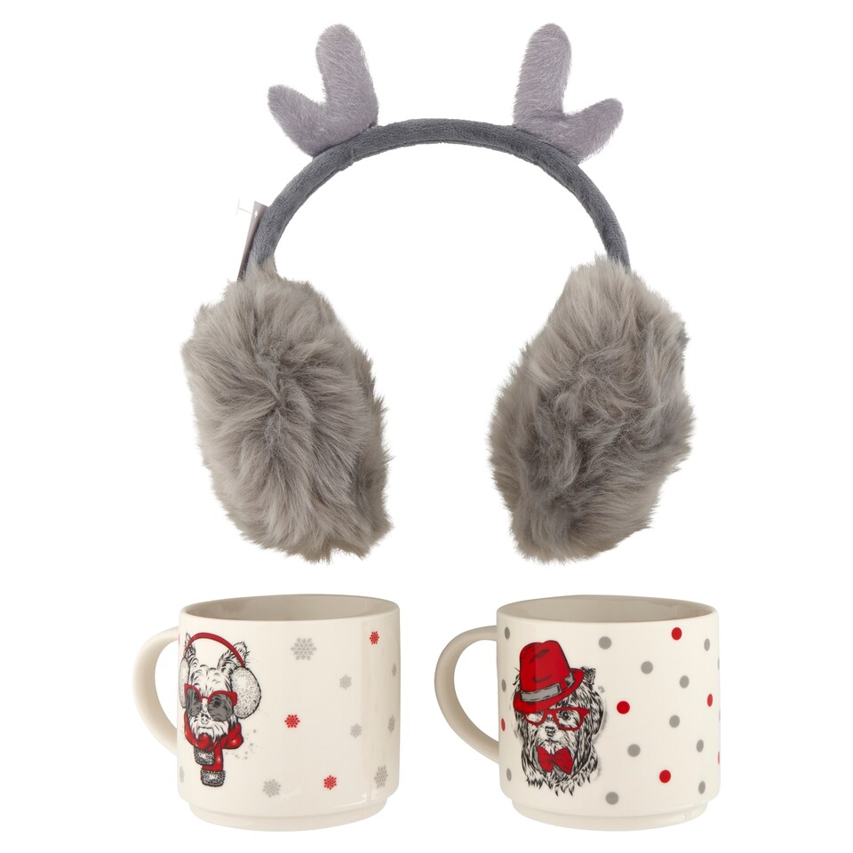 image 1 of Xmas Puppy Set of Mugs 480 ml 2 pcs + Earmuffs Made of Plastic 27 x 20 cm