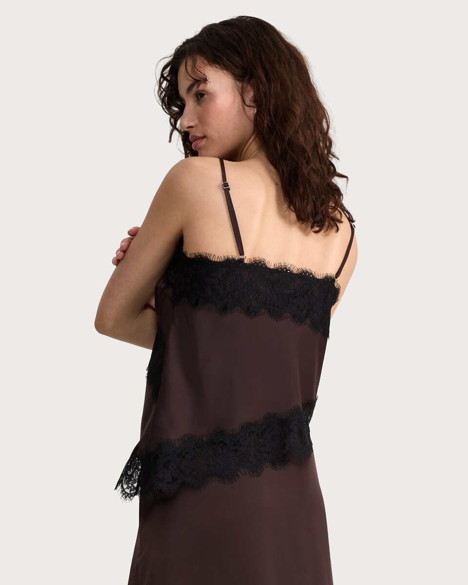 image 1 of F&F Satin Lace Trim Asymmetric Hem Co-ord Cami Top in Chocolate