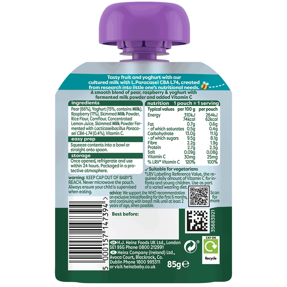 image 1 of Heinz Immunity Support Baby Food Pear, Raspberry & Yoghurt 85g