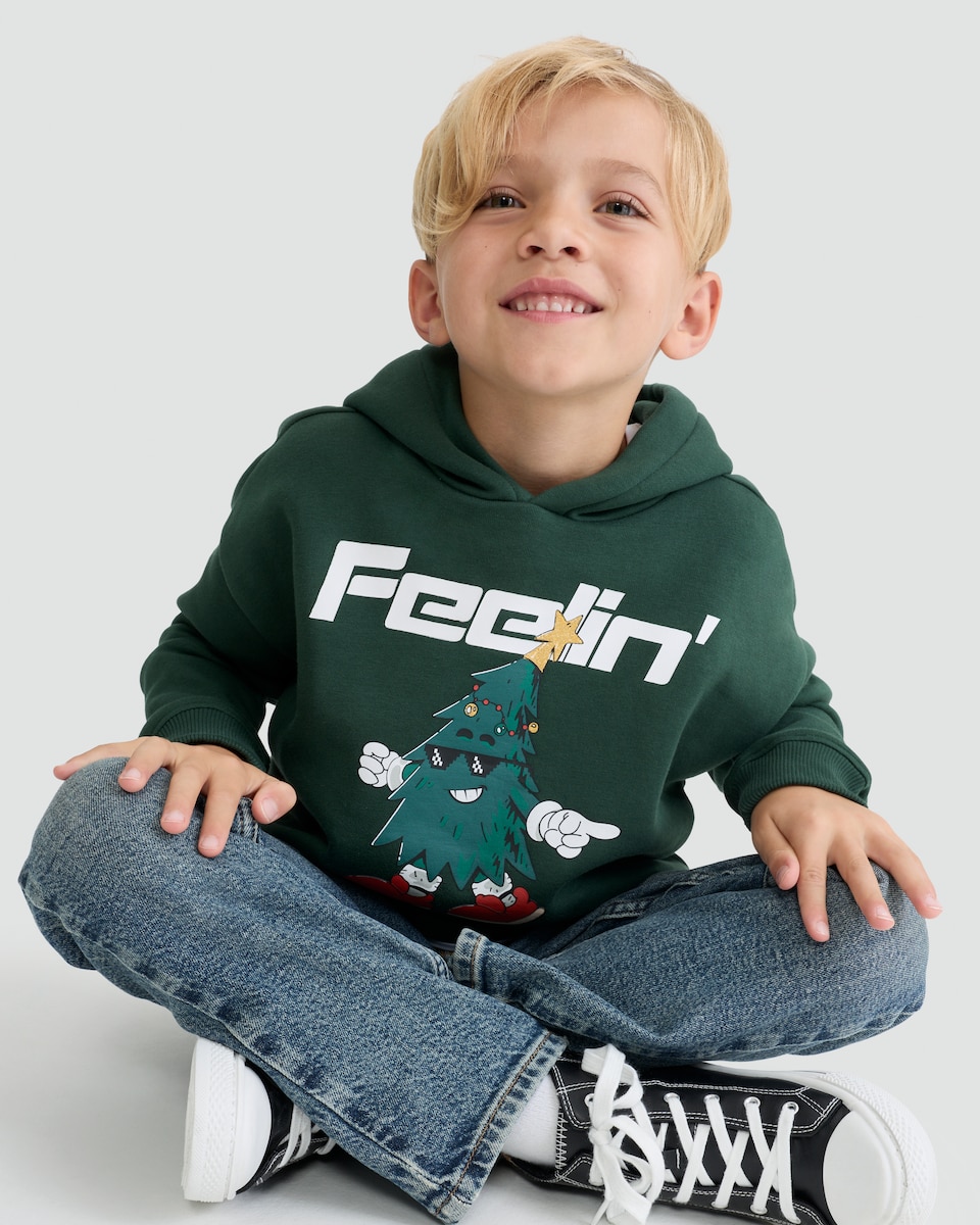 image 1 of F&F Boys Cotton Rich Feelin' Festive Christmas Hoodie in Green