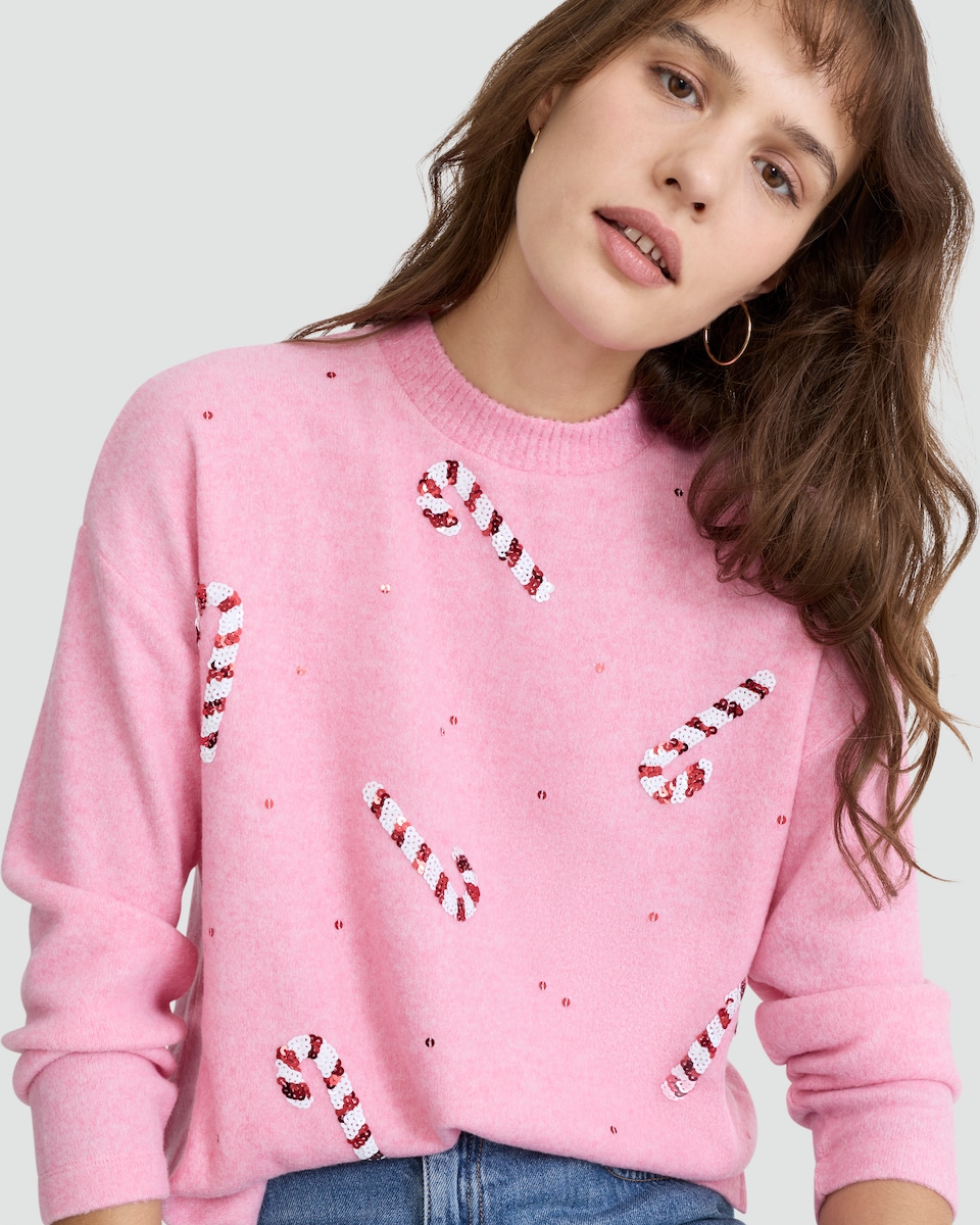 image 1 of F&F Candy Cane Sequin Jumper in Pink