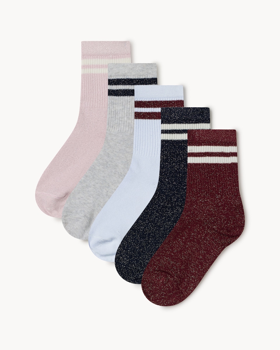 F&F Girls 5-Pack Cotton Blend Glitter Stripe Ankle Socks in Multi