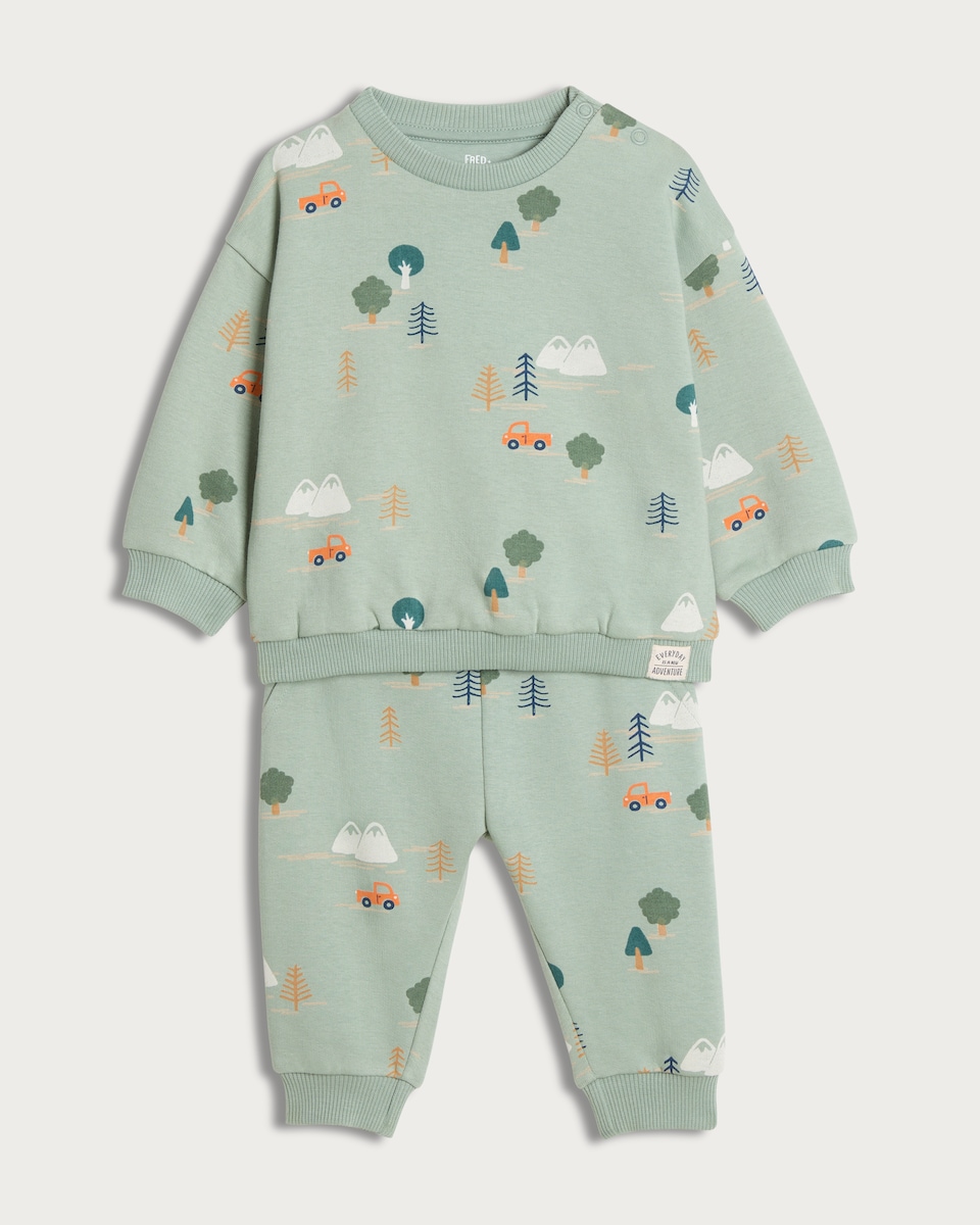 image 1 of F&F Baby 2-Piece Cotton Rich Adventure Print Sweatshirt and Joggers Set in Green
