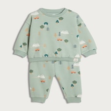 F&F Baby 2-Piece Cotton Rich Adventure Print Sweatshirt and Joggers Set in Green