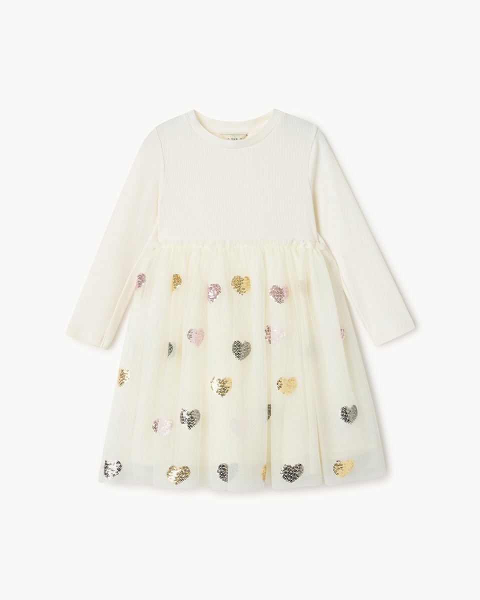 image 1 of F&F Girls Heart Sequin Embellished Dress in Cream