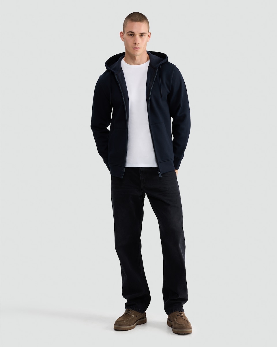 image 1 of F&F Textured Zip Through Drawstring Hoodie with Cotton in Navy