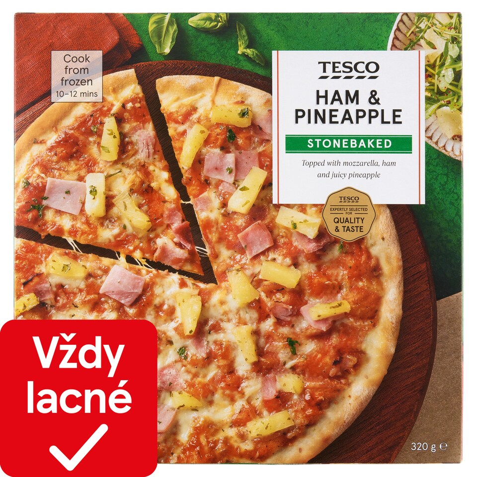 Tesco Pizza pečená v kamennej peci s ananásom, syrmi eidam, mozzarella a šunkou 320 g
