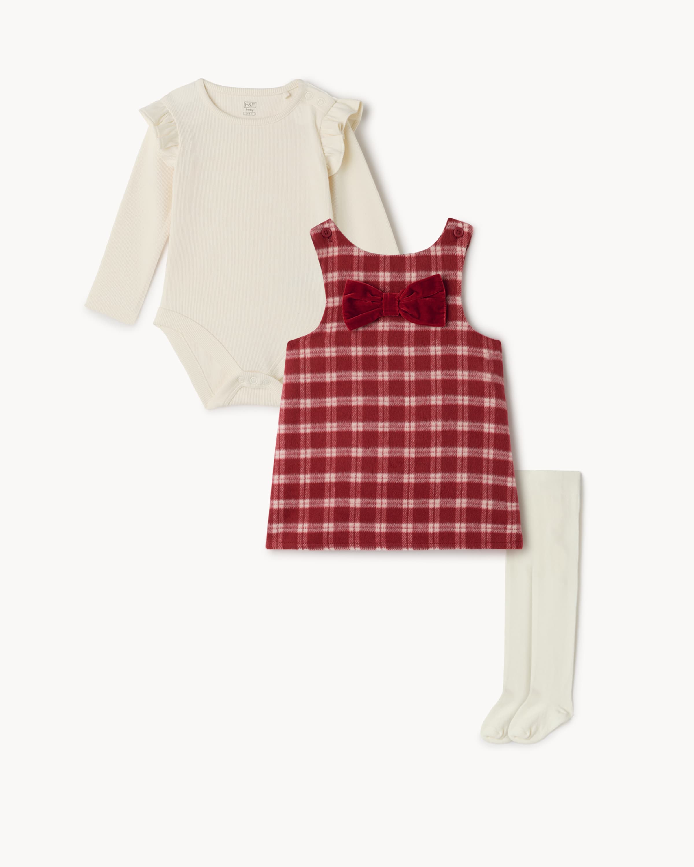 F&F Baby Checked Pinafore, Bodysuit and Tights Set in Red