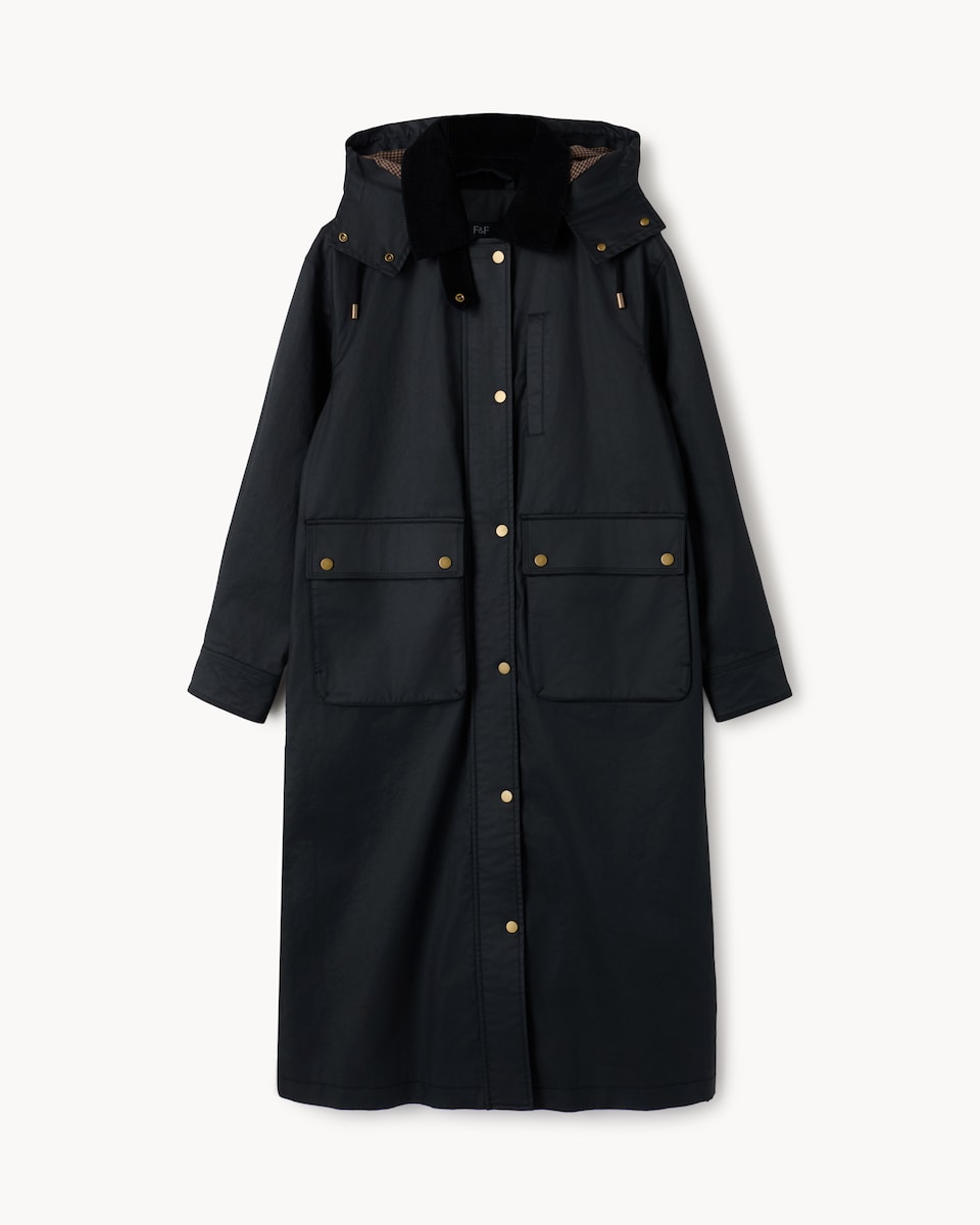 image 1 of F&F Pure Cotton Waxed Hooded Trench Coat in Black