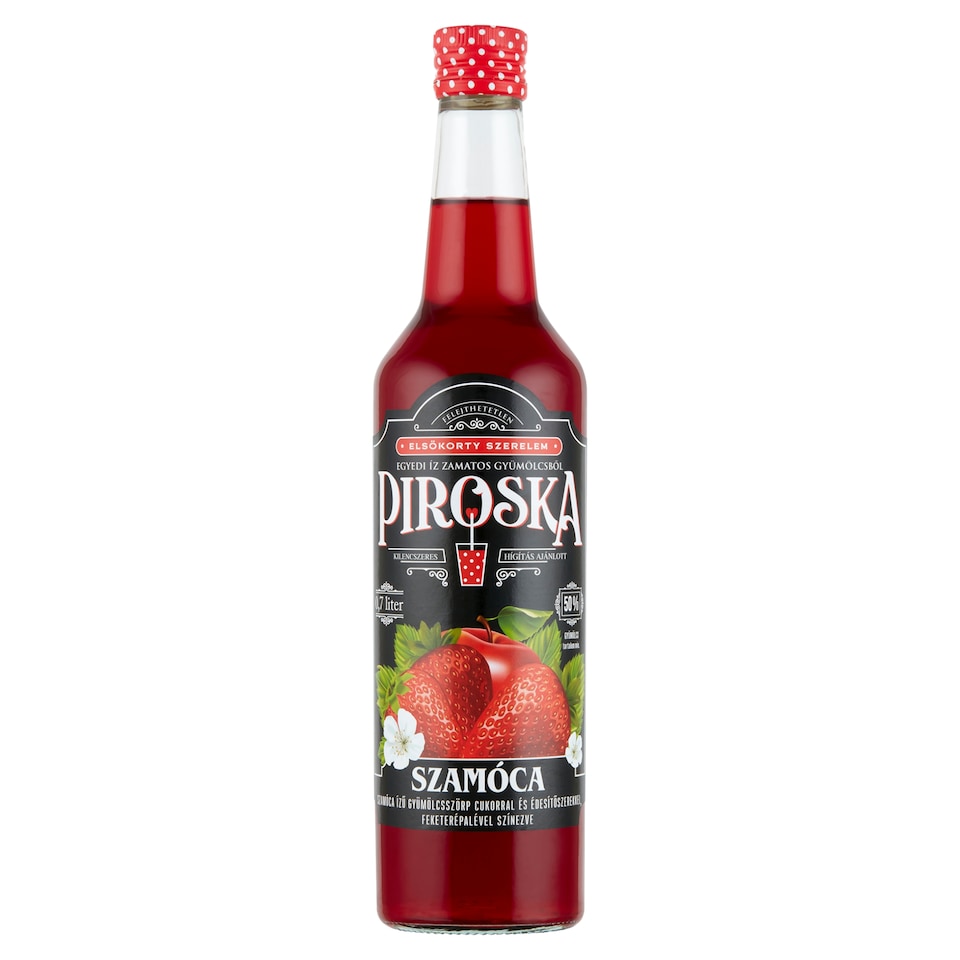 Piroska szamóca ízű gyümölcsszörp feketerépalével színezve cukorral és édesítőszerekkel 0,7 l