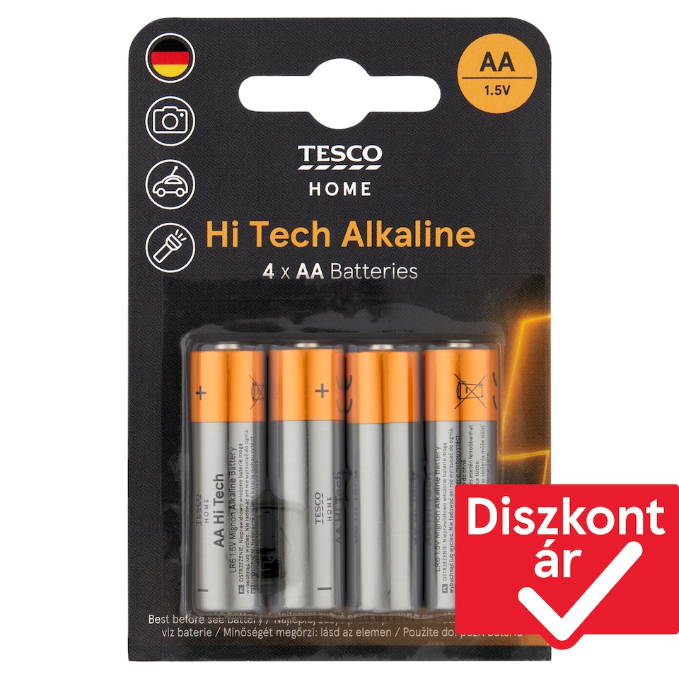 Tesco Home Hi Tech AA LR6 1,5 V nagy teljesítményű alkáli elem 4 db
