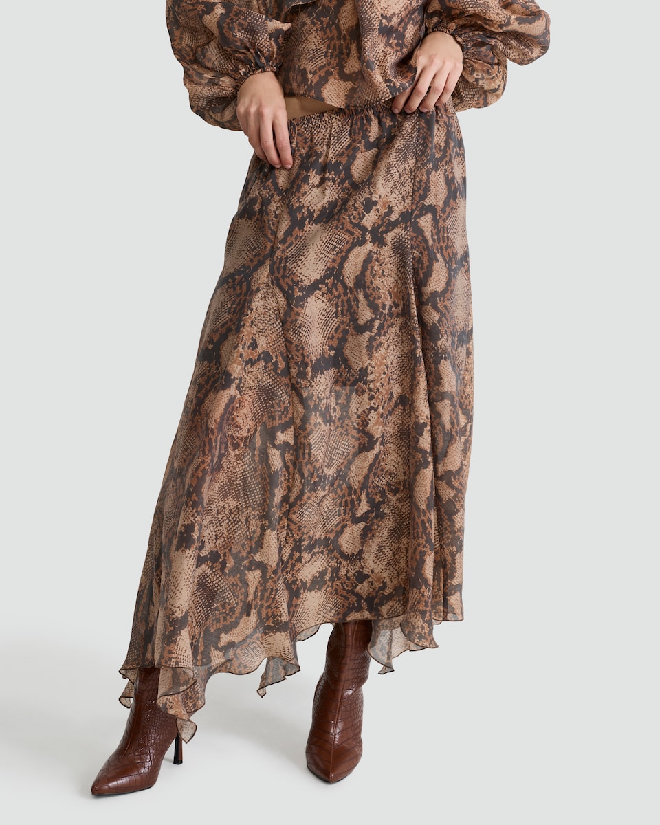 image 1 of F&F Snake Print Handkerchief Hem Midi Skirt in Multi Brown