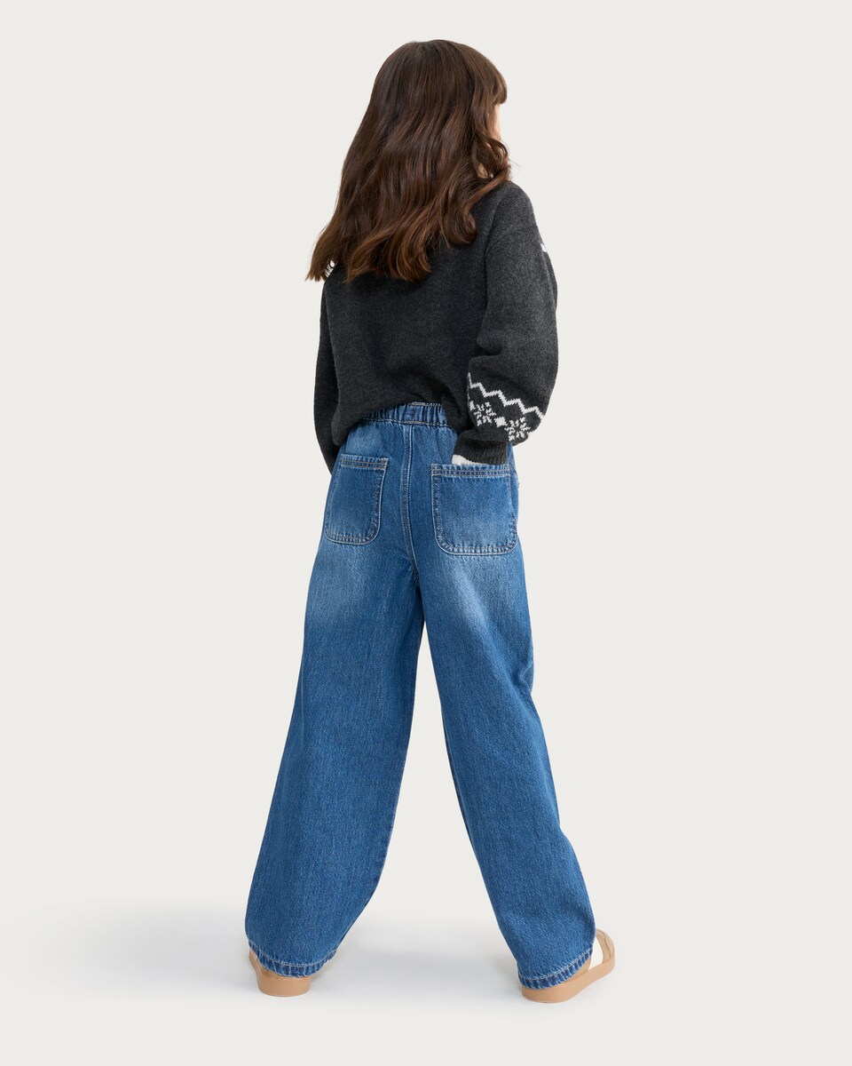 image 1 of F&F Girls Tie Waist Wide Leg Jeans in Blue