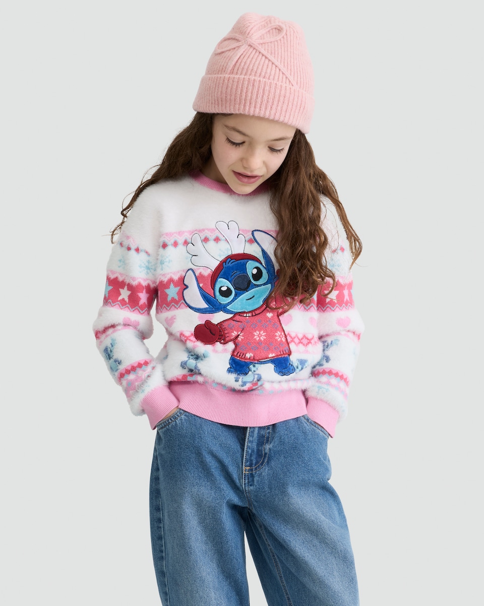 image 1 of Disney Lilo & Stitch Print Christmas Jumper in Multi Pink
