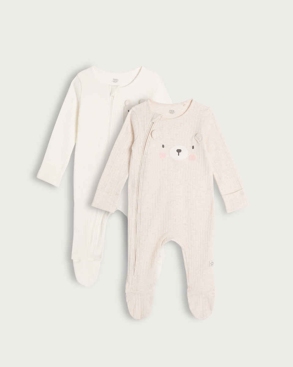 image 1 of F&F Baby 2-Pack Cotton Rich Ribbed Bear Print Sleepsuits in White