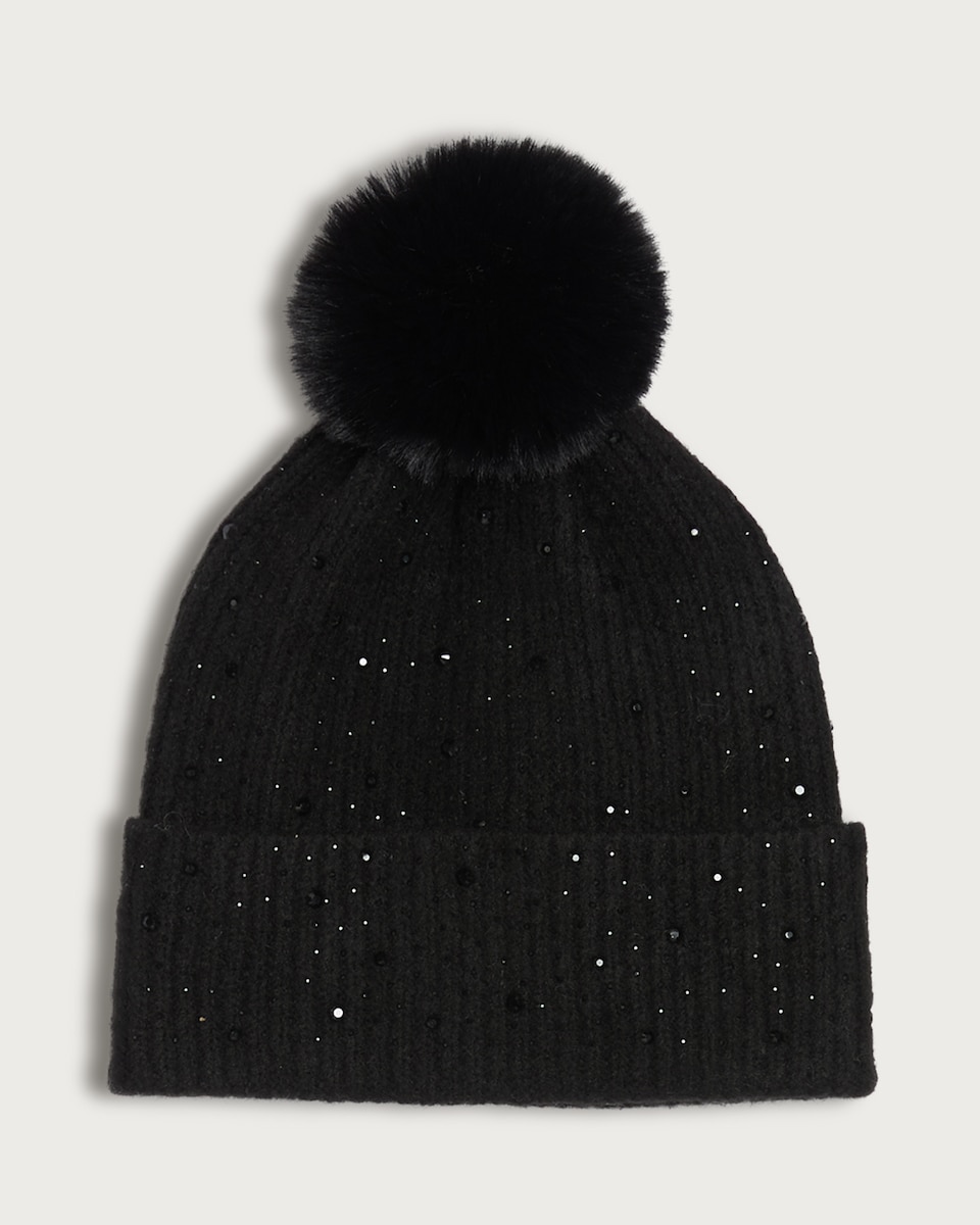 image 1 of F&F Knitted Embellished Pom Pom Beanie Hat in Black