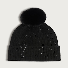 F&F Knitted Embellished Pom Pom Beanie Hat in Black